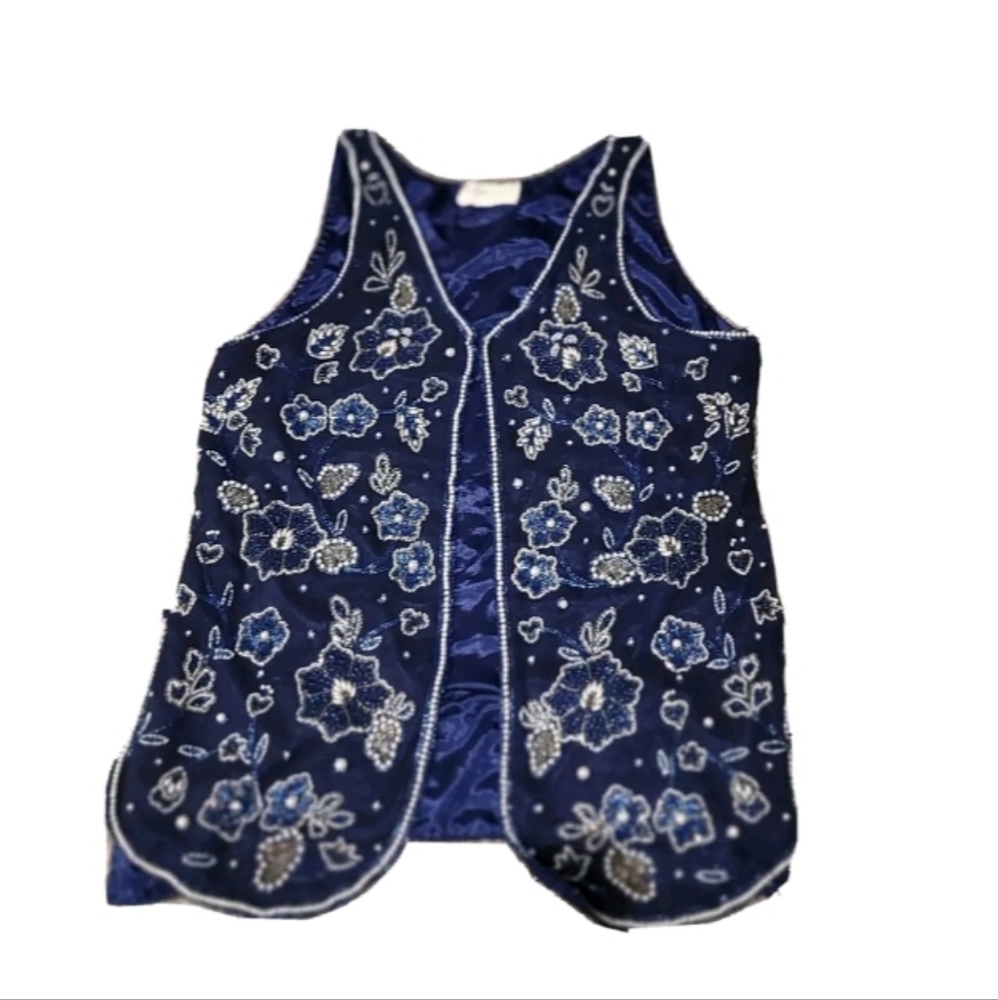 Nipon Night Women's Evening Blue Vest Size Medium Silk  Beads Sequins NWT